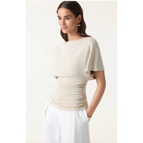 OGL Sandwashed Batwing Boatneck Ruched Top Morning Mist NWT Cooling Micro Rib - Picture 2 of 4